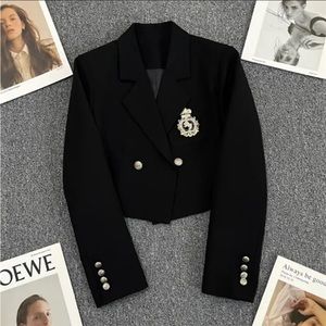 Black Short Blazer Jacket Double Breasted Fashion Embroidery Chic